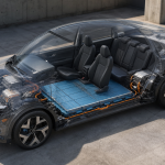 Plataforma de carro elétrico com bateria integrada ao chassi e cabine ampla, sem textos ou logotipos legíveis