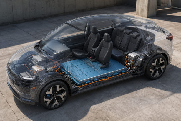 Plataforma de carro elétrico com bateria integrada ao chassi e cabine ampla, sem textos ou logotipos legíveis