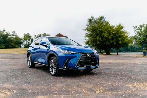 SUV Lexus NX azul estacionado ao ar livre, cercado por árvores.