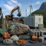 Ilustração editorial de minerais estratégicos, equipamentos industriais e tecnologias de energia limpa sem textos legíveis