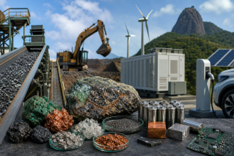 Ilustração editorial de minerais estratégicos, equipamentos industriais e tecnologias de energia limpa sem textos legíveis