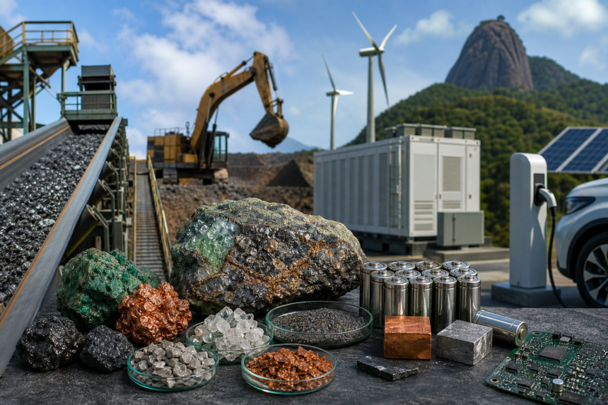 Ilustração editorial de minerais estratégicos, equipamentos industriais e tecnologias de energia limpa sem textos legíveis